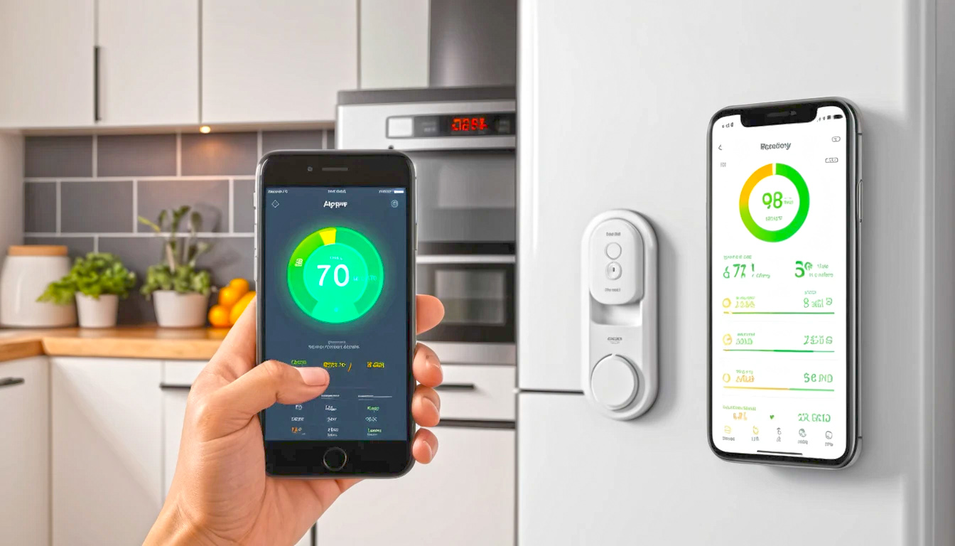 Home Interior With Affordable Plug In Energy Monitors Smartphone Showing Electricity Usage App