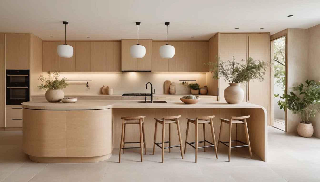 Luxury Modern Kitchen With Sculpted Curved Cabinetry And Soft Flowing Lines Seamless Built In Curved Cabinet Doors Matte Oak Wood And White Lacquer Finishes 1