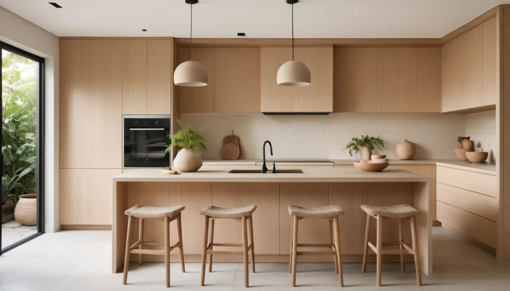 Luxury Modern Kitchen With Sculpted Curved Cabinetry And Soft Flowing Lines Seamless Built In Curved Cabinet Doors Matte Oak Wood And White Lacquer Finishes 2