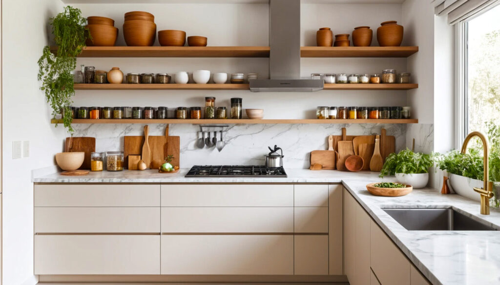 A Modern Kitchen Showcasing A Side By Side Comparison Of Neatly Organized Drawer Storage And Stylish Open Shelving For Tools Vessels And Spices 2