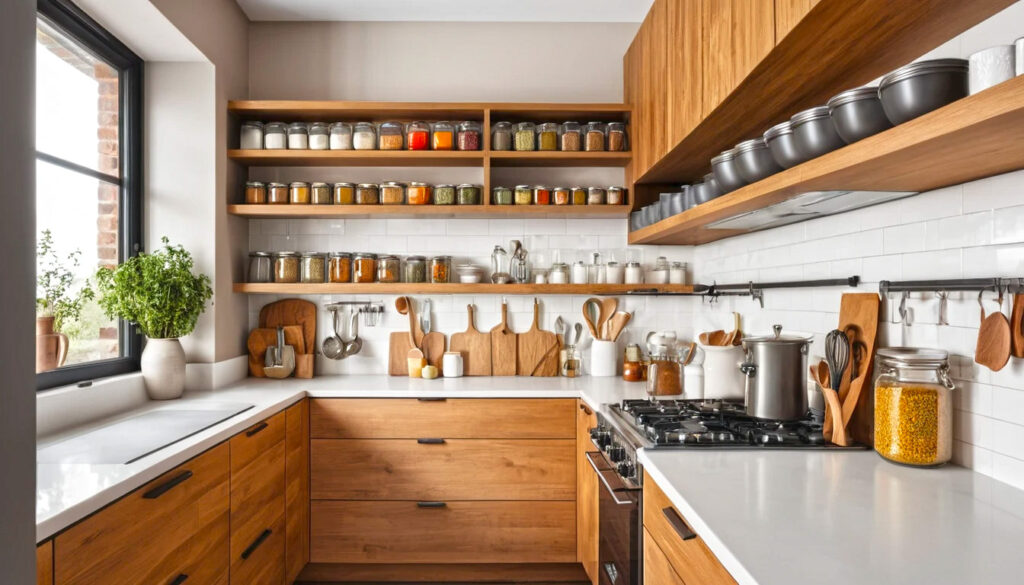 A Modern Kitchen Showcasing A Side By Side Comparison Of Neatly Organized Drawer Storage And Stylish Open Shelving For Tools Vessels And Spices 3