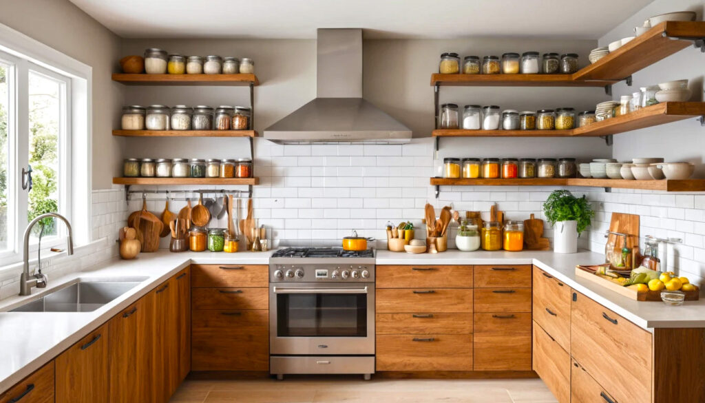 A Modern Kitchen Showcasing A Side By Side Comparison Of Neatly Organized Drawer Storage And Stylish Open Shelving For Tools Vessels And Spices 4