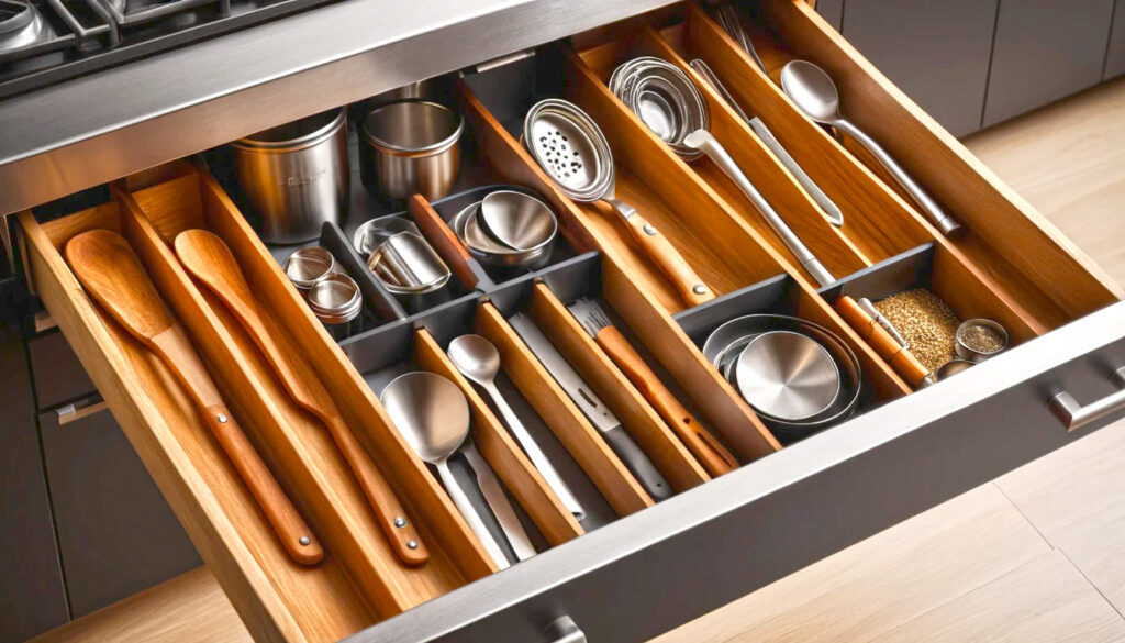 A Modern Kitchen Showcasing A Side By Side Comparison Of Neatly Organized Drawer Storage And Stylish Open Shelving For Tools Vessels And Spices 5