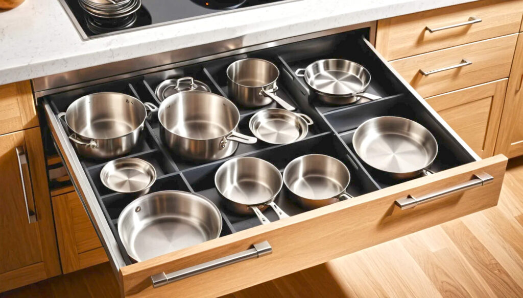 A Modern Kitchen Showcasing A Side By Side Comparison Of Neatly Organized Drawer Storage And Stylish Open Shelving For Tools Vessels And Spices 6
