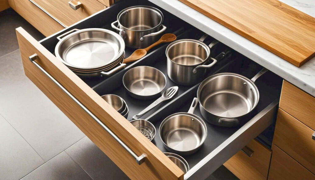 A Modern Kitchen Showcasing A Side By Side Comparison Of Neatly Organized Drawer Storage And Stylish Open Shelving For Tools Vessels And Spices 7