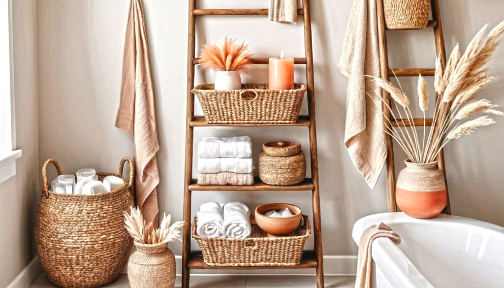 Bathroom Wooden Ladder Shelf With Rattan Storage Baskets Dried Pampas Grass In Clay Vase Textured Towels In Earthy Tones Driftwood Accent Coral Decor Scented Candle Ocean Inspired Palette Gentle Sun 1
