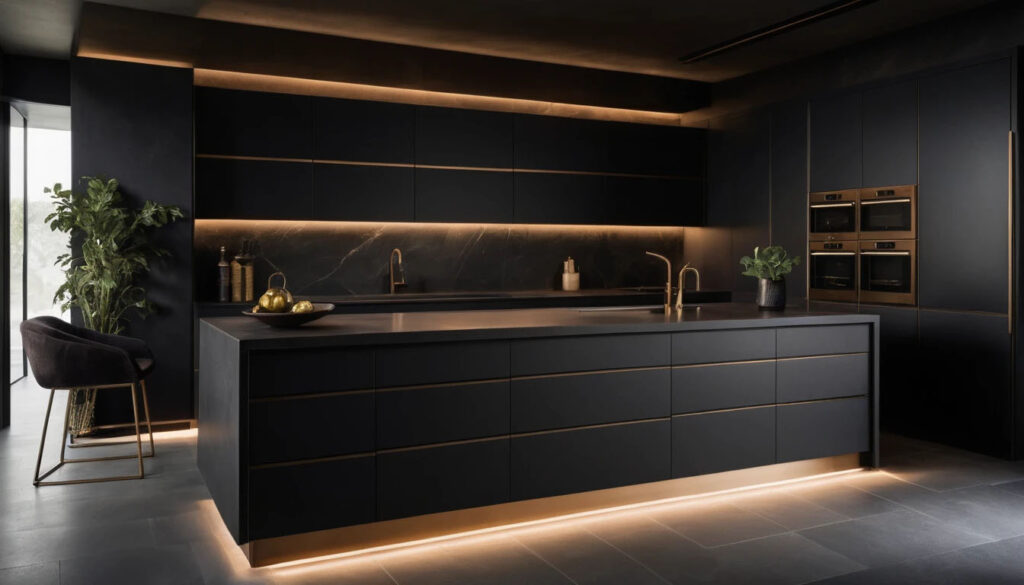 Black Curved Matte Cabinets Soft Indirect Lighting Burnished Bronze Accents Dark Stone Counters Reflective Glass Dramatic Shadows Cinematic Mood Luxury Restraint 1