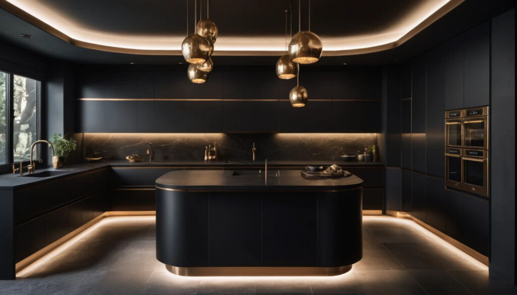 Black Curved Matte Cabinets Soft Indirect Lighting Burnished Bronze Accents Dark Stone Counters Reflective Glass Dramatic Shadows Cinematic Mood Luxury Restraint 2