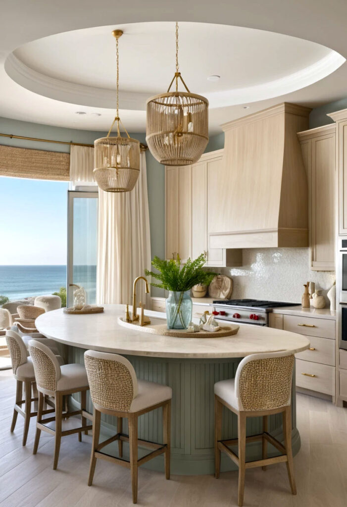 Coastal Luxury Kitchen With Curved Cabinetry Whitewashed Oak And Soft Sand Tone Finishes Rounded Island With Fluted Surface Polished Natural Stone 1