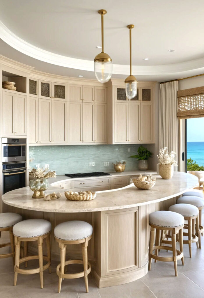 Coastal Luxury Kitchen With Curved Cabinetry Whitewashed Oak And Soft Sand Tone Finishes Rounded Island With Fluted Surface Polished Natural Stone 2