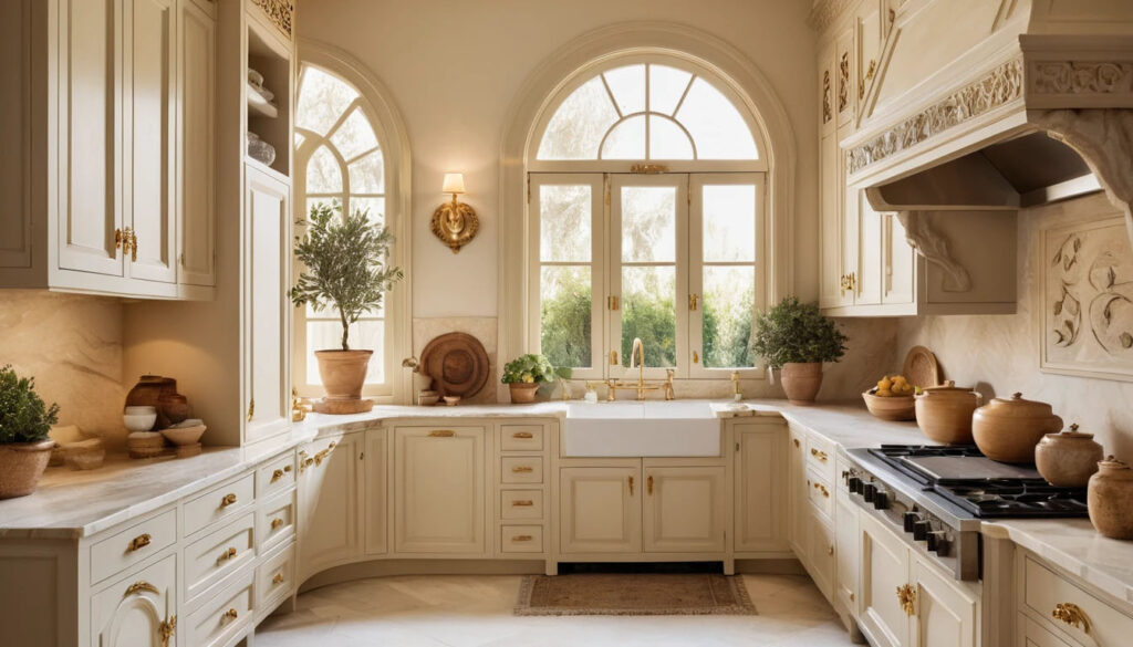 Cream Toned Curved Cabinetry With Carved Details Warm Marble Counters Arched Doors Gold Knobs Olive Tree Stone Flooring Layered Drapery Warm Sunlight Refined Traditional Romance 1