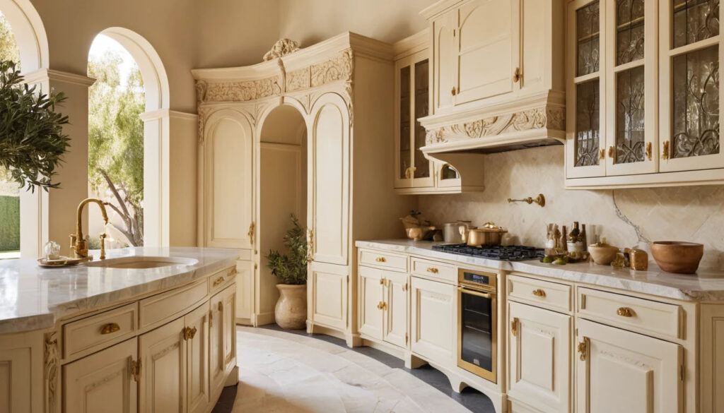 Cream Toned Curved Cabinetry With Carved Details Warm Marble Counters Arched Doors Gold Knobs Olive Tree Stone Flooring Layered Drapery Warm Sunlight Refined Traditional Romance 2