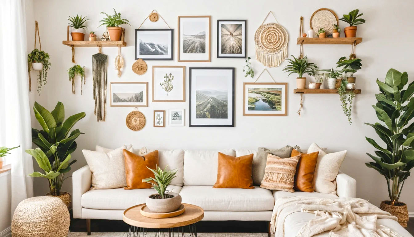 Create A Cozy Personality Filled Wall With Handmade Art Photo Frames Macrame Hangers And Shelves Of Tiny Plants. Blend Textures Like Wood String Lights And Woven Decor For Warmth And Charm 1