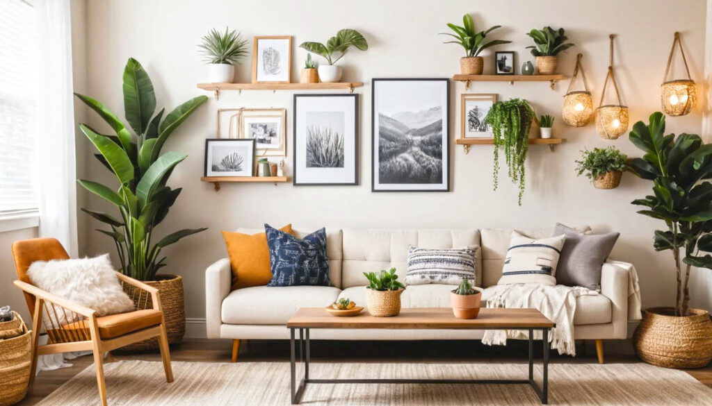 Create A Cozy Personality Filled Wall With Handmade Art Photo Frames Macrame Hangers And Shelves Of Tiny Plants. Blend Textures Like Wood String Lights And Woven Decor For Warmth And Charm 2