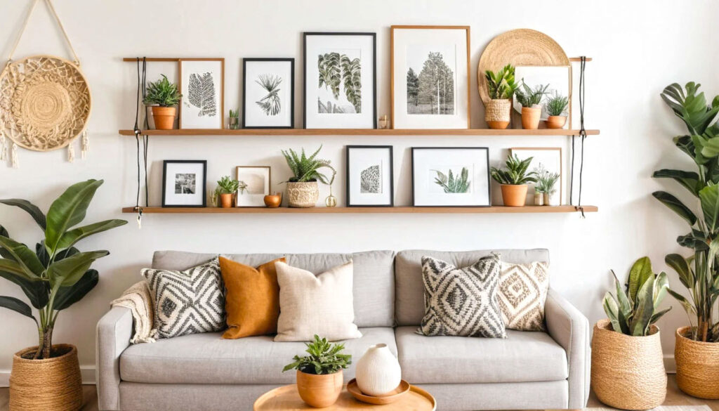 Create A Cozy Personality Filled Wall With Handmade Art Photo Frames Macrame Hangers And Shelves Of Tiny Plants. Blend Textures Like Wood String Lights And Woven Decor For Warmth And Charm 3