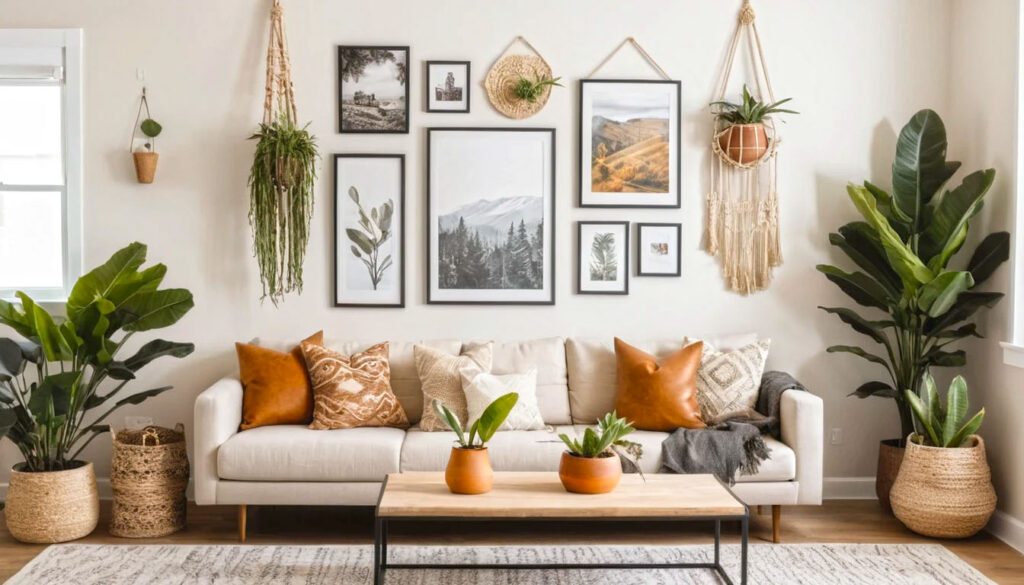 Create A Cozy Personality Filled Wall With Handmade Art Photo Frames Macrame Hangers And Shelves Of Tiny Plants. Blend Textures Like Wood String Lights And Woven Decor For Warmth And Charm 4