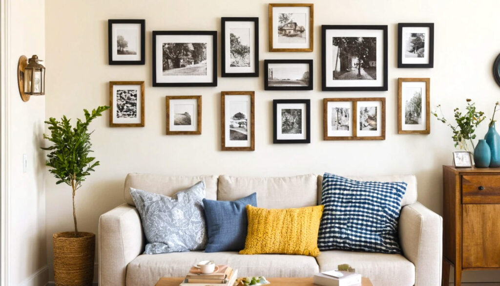 Create A Cozy Personality Filled Wall With Handmade Art Photo Frames Macrame Hangers And Shelves Of Tiny Plants. Blend Textures Like Wood String Lights And Woven Decor For Warmth And Charm 6
