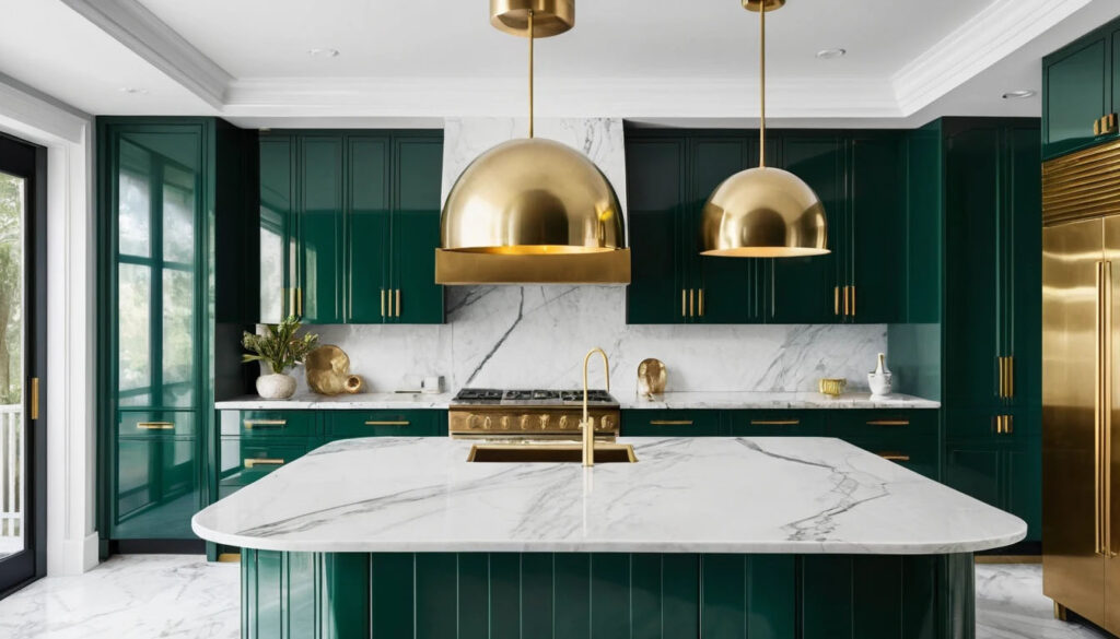 Curved Cabinetry With Ribbed Detailing Lacquer Brass Trim Marble Counters With Bold Veining Geometric Gold Pendant Lights Deep Emerald Accents Sculptural Glamour Dramatic Lighting 1