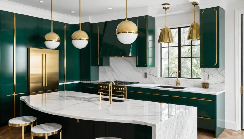 Curved Cabinetry With Ribbed Detailing Lacquer Brass Trim Marble Counters With Bold Veining Geometric Gold Pendant Lights Deep Emerald Accents Sculptural Glamour Dramatic Lighting 2