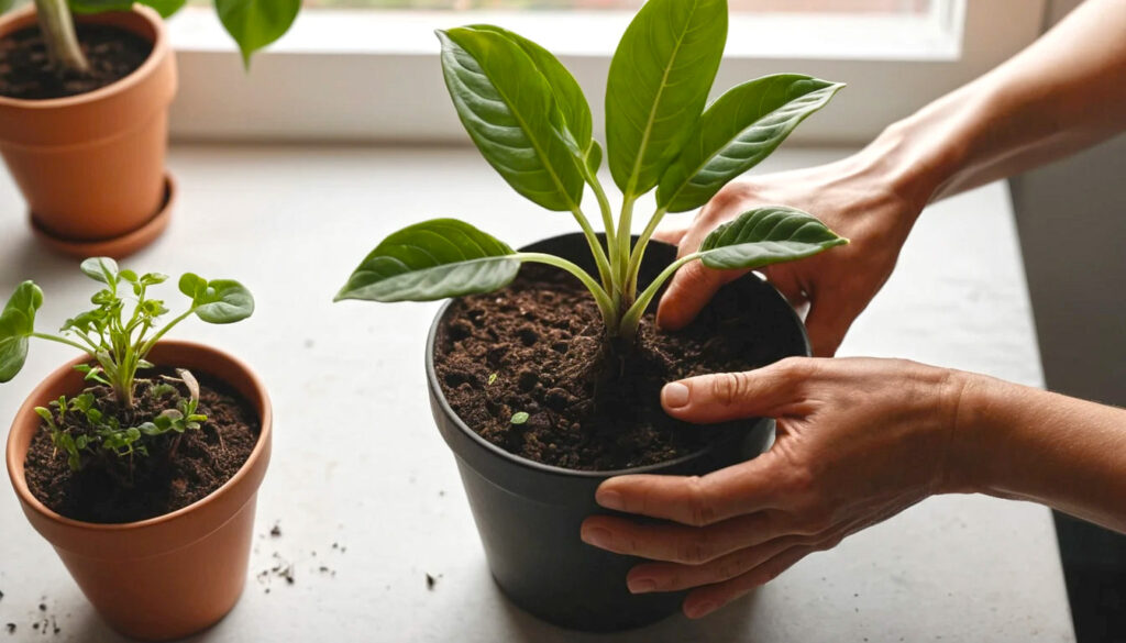 Houseplant Being Repotted Into Fresh Rich Soil—hands On Stress Free Care That Nurtures Thriving Indoor Greenery 1