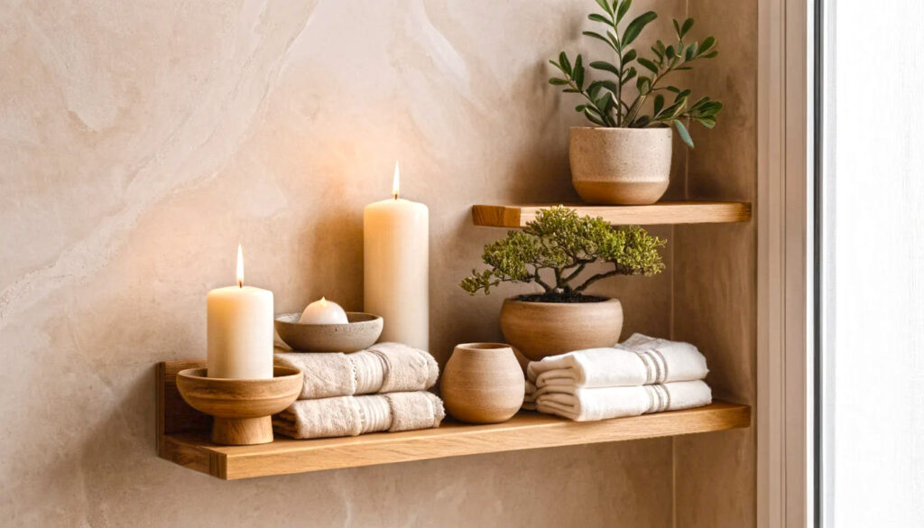 Japandi Bathroom Shelving With Natural Oak Wood Soft Beige And Off White Tones Stone Trays Handmade Pottery Candles Folded Linen Towels Tiny Bonsai Plant Textured Plaster Wall Soft Daylight Peac