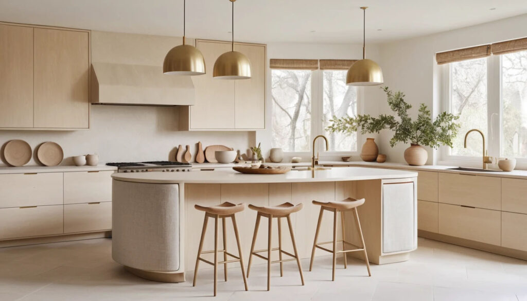 Light Birch Curved Cabinets Rounded Island Pale Stone Counters Matte Soft Brass White Walls Warm Natural Light Clean Lines Wool Textiles 1