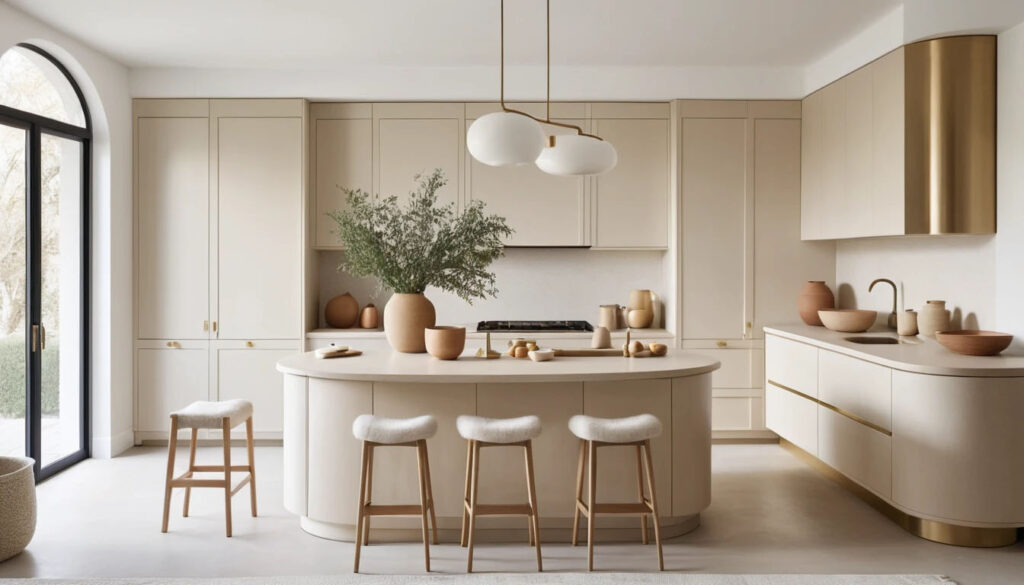 Light Birch Curved Cabinets Rounded Island Pale Stone Counters Matte Soft Brass White Walls Warm Natural Light Clean Lines Wool Textiles 2
