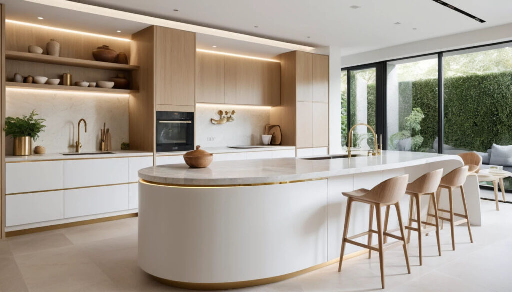 Luxury Modern Kitchen With Sculpted Curved Cabinetry And Soft Flowing Lines Seamless Built In Curved Cabinet Doors Matte Oak Wood And White Lacquer Finishes 3