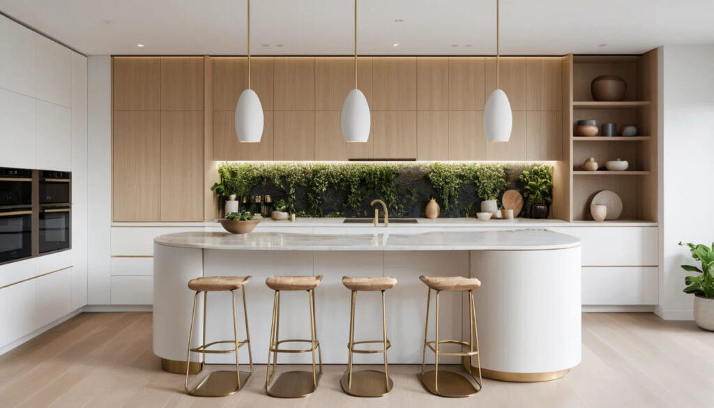 Luxury Modern Kitchen With Sculpted Curved Cabinetry And Soft Flowing Lines Seamless Built In Curved Cabinet Doors Matte Oak Wood And White Lacquer Finishes 4