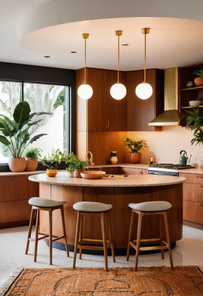 Mid Century Inspired Kitchen With Curved Teak Cabinetry Round Corner Cabinets Warm Walnut Finish 1
