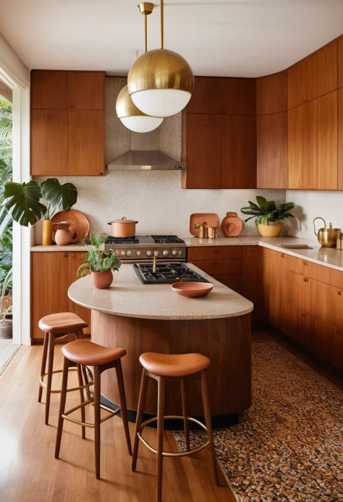 Mid Century Inspired Kitchen With Curved Teak Cabinetry Round Corner Cabinets Warm Walnut Finish 2