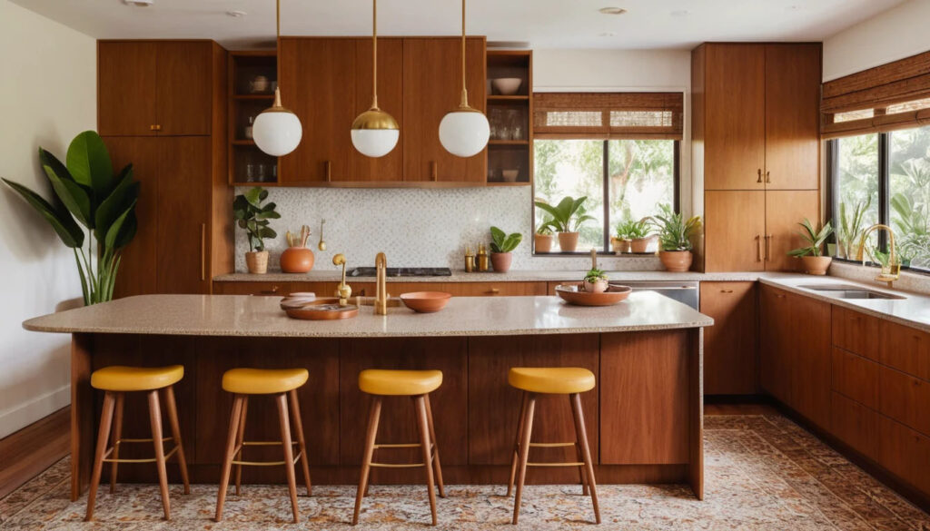 Mid Century Inspired Kitchen With Curved Teak Cabinetry Round Corner Cabinets Warm Walnut Finish 3