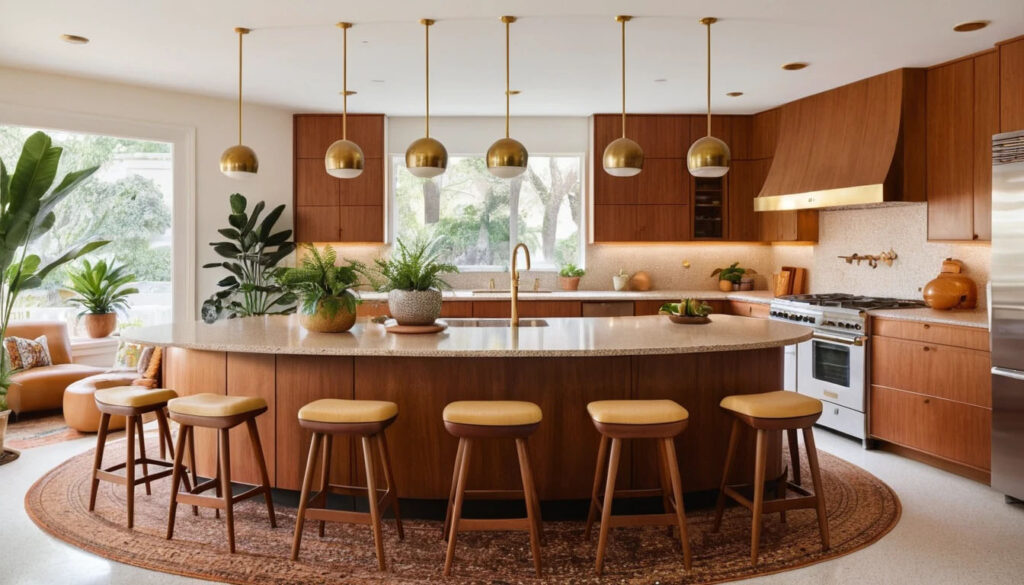 Mid Century Inspired Kitchen With Curved Teak Cabinetry Round Corner Cabinets Warm Walnut Finish 4
