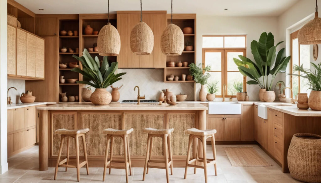 Natural Cane Panel Curved Cabinets Light Rattan Stools Travertine Counters Clay Vases Woven Pendants Warm Wood Plants Soft Textural Layers Relaxed Sunny Interior Gentle Bohemian Warmth 1