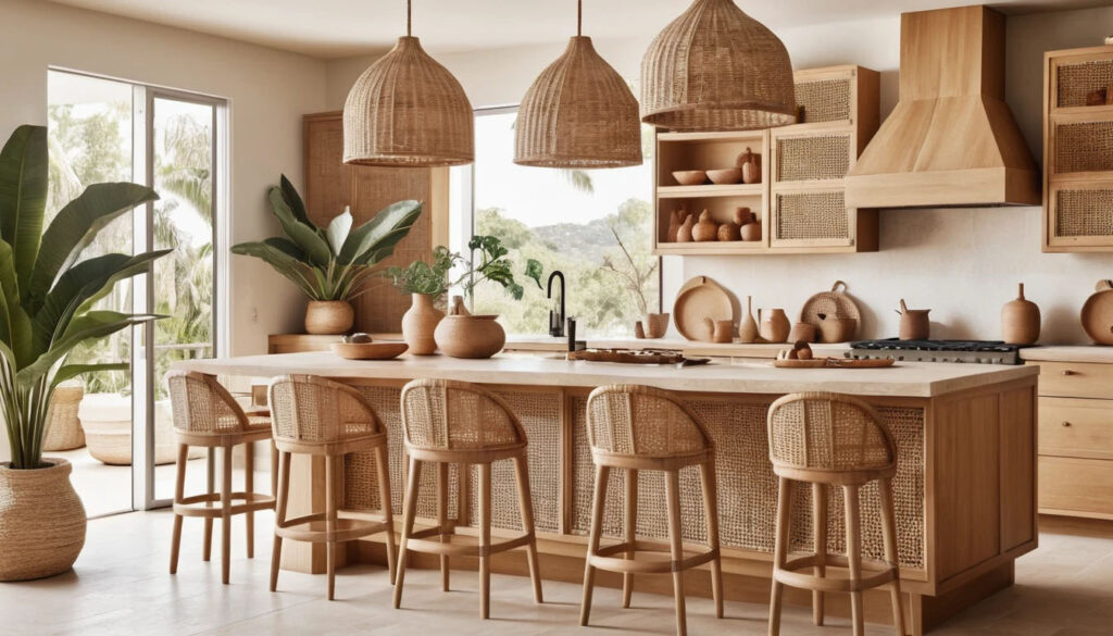 Natural Cane Panel Curved Cabinets Light Rattan Stools Travertine Counters Clay Vases Woven Pendants Warm Wood Plants Soft Textural Layers Relaxed Sunny Interior Gentle Bohemian Warmth 2