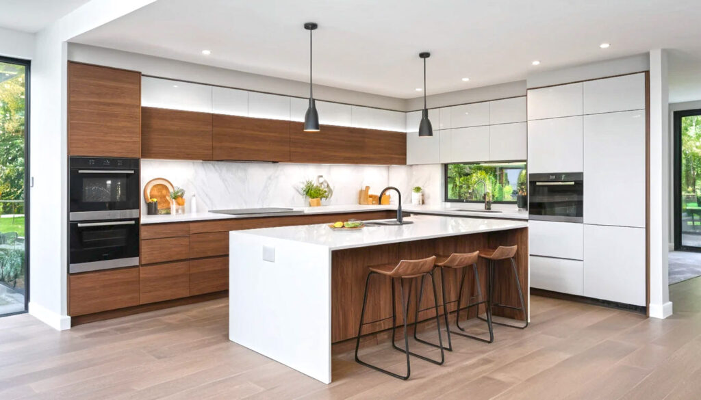Sleek Modern U Shaped Kitchen With Wraparound Handleless Cabinetry Soft Grey And Walnut Finishes 1