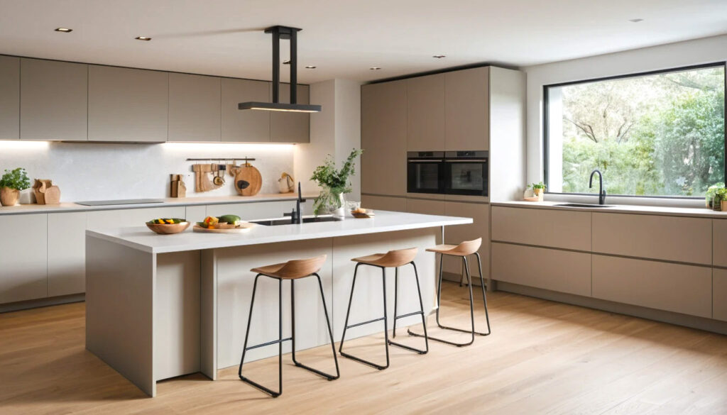 Smart Modern Peninsula Kitchen With A Sleek Extended Counter Attached To The Main Workspace 1