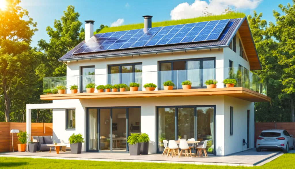 Sustainable Home With Rooftop Solar Panels Smart Energy Monitor Inside Showing Power Generation And Usage 2