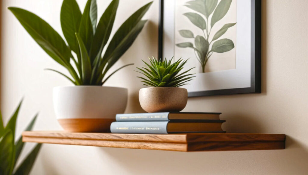A Modern Cozy Bedroom Interior Featuring Wood Floating Shelves Bedroom Installed Above A Minimalist Bed 1