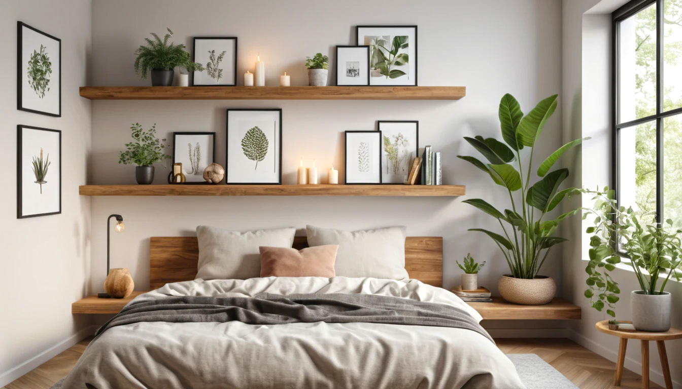 A Modern Cozy Bedroom Interior Featuring Wood Floating Shelves Bedroom Installed Above A Minimalist Bed