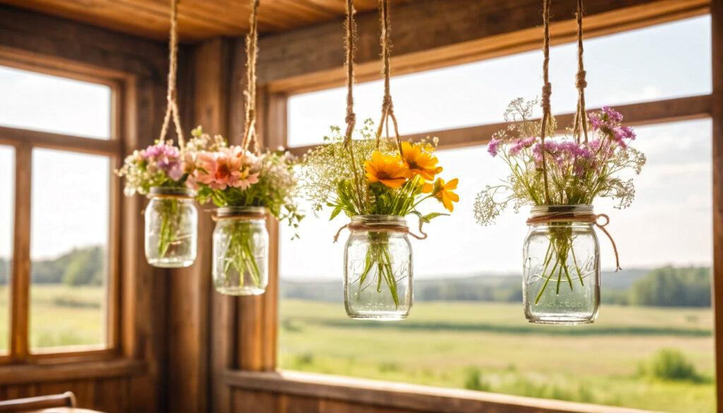 Crisp White Flowers In Hanging Mason Jars Add Just The Right Touch Of Softness To A Modern Kitchen 1