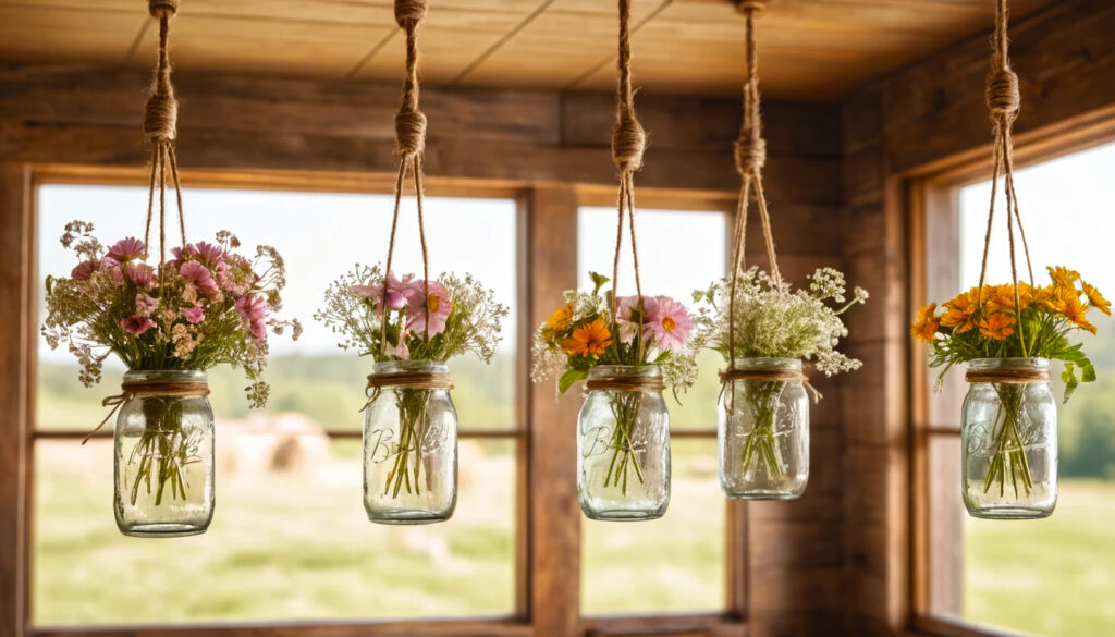 Crisp White Flowers In Hanging Mason Jars Add Just The Right Touch Of Softness To A Modern Kitchen 2