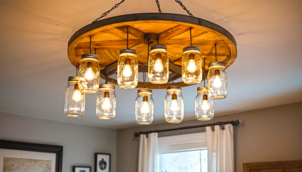 Handcrafted Mason Jar Chandelier Casting A Warm Cozy Glow Over A Charming Interior Space 1