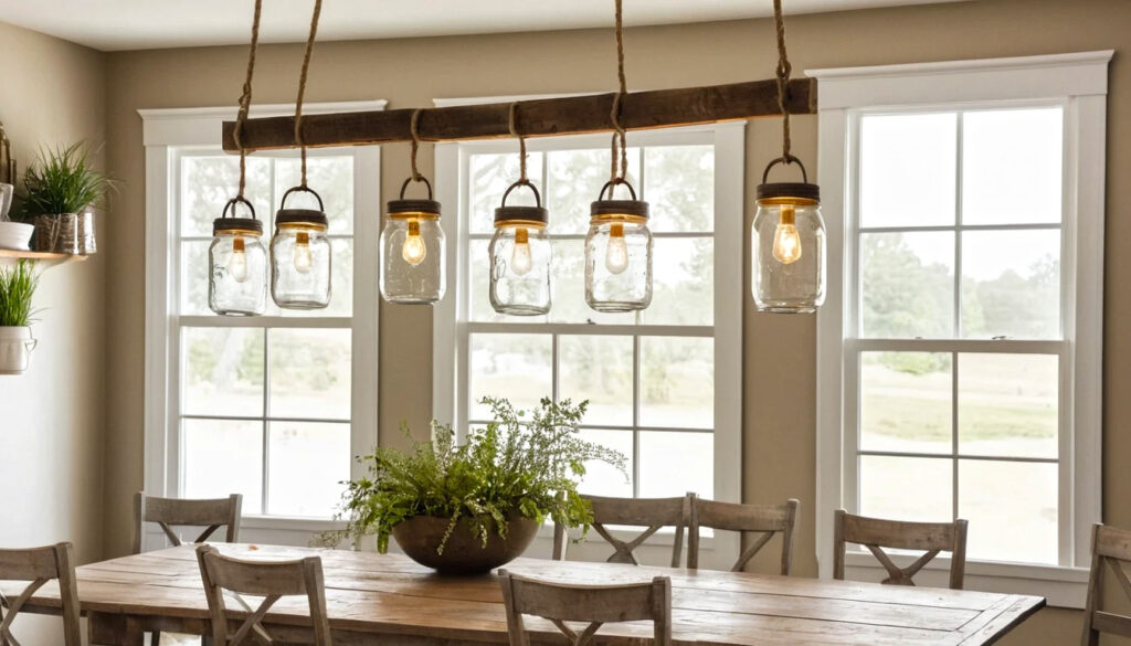 Handcrafted Mason Jar Chandelier Casting A Warm Cozy Glow Over A Charming Interior Space 2