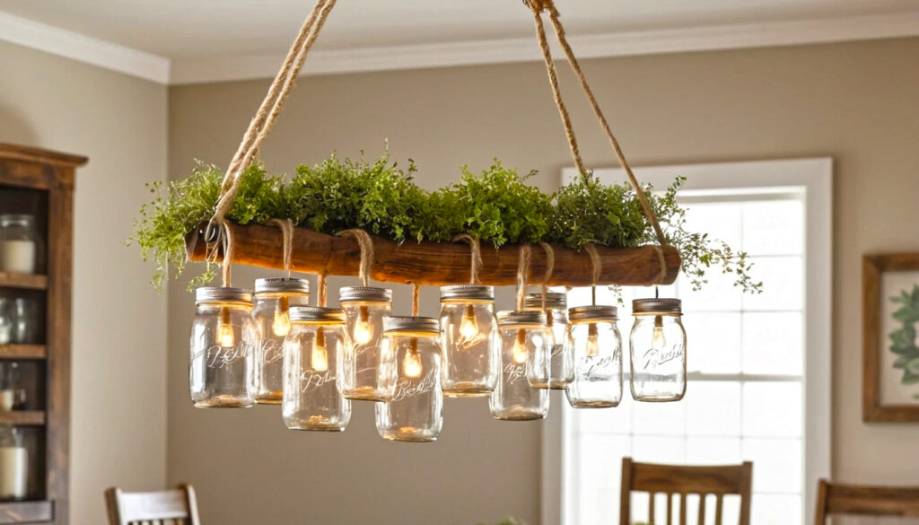 Handcrafted Mason Jar Chandelier Casting A Warm Cozy Glow Over A Charming Interior Space 3