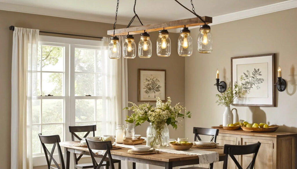 Handcrafted Mason Jar Chandelier Casting A Warm Cozy Glow Over A Charming Interior Space